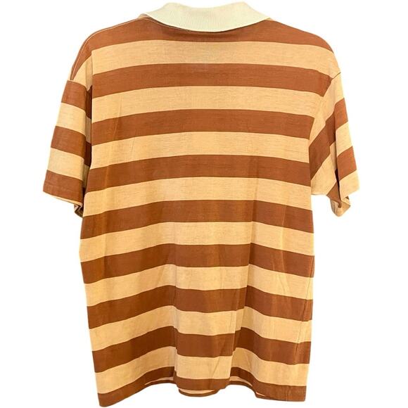 Vintage 70s Tan and Brown Striped Custom Casual Single Stitch Polo Shirt Medium - Picture 4 of 5